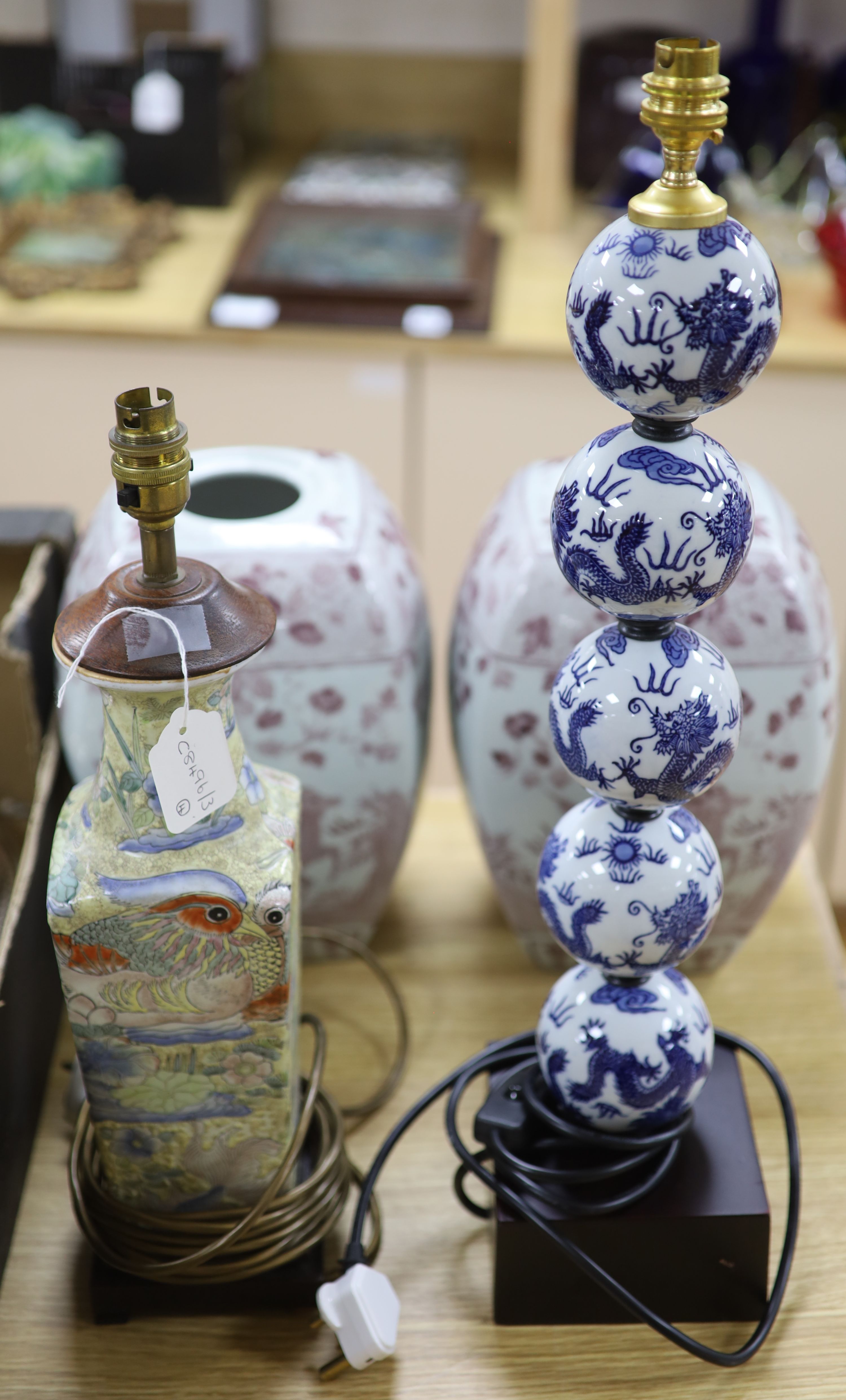 Two Chinese porcelain lamps and a pair of vases, tallest 58cm